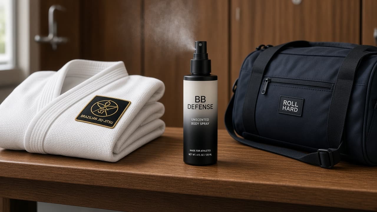 BB Defense next to a BJJ gi and gym bag
